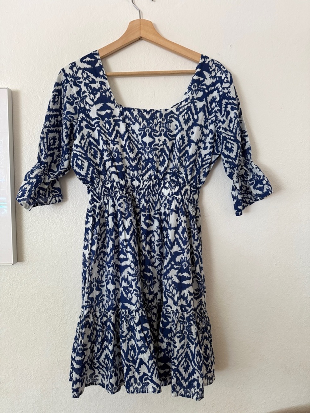 Madison Mathews Black Print Square Neck Mini Dress in Blue & White Sz XS